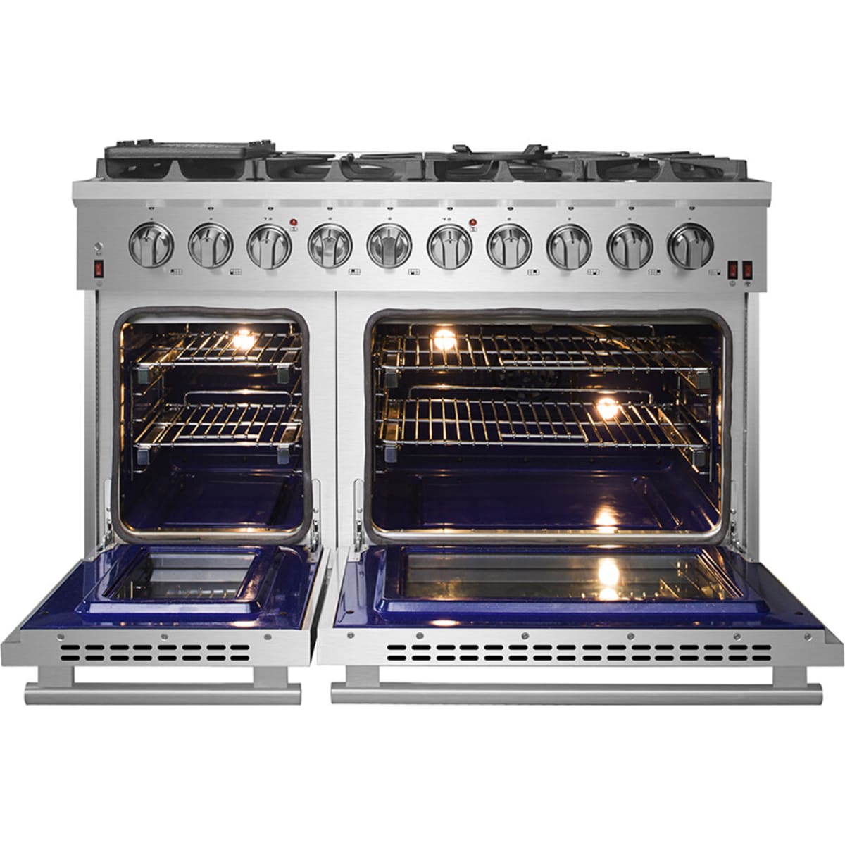 Forno Pro-Style FFSGS623948 48 Inch Freestanding Gas Range with 8 Sealed Burners, Double Oven, 6.58 cu. ft. Total Oven Capacity, Continuous Grates, True European Convection, Illuminated Zinc Cast Knobs, Magic Eyes, Grill, Griddle, and ETL Listed