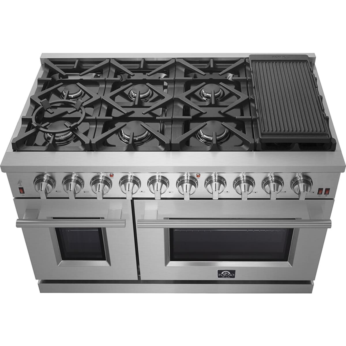 Forno Pro-Style FFSGS623948 48 Inch Freestanding Gas Range with 8 Sealed Burners, Double Oven, 6.58 cu. ft. Total Oven Capacity, Continuous Grates, True European Convection, Illuminated Zinc Cast Knobs, Magic Eyes, Grill, Griddle, and ETL Listed