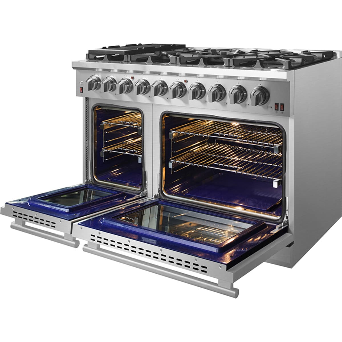 Forno Pro-Style FFSGS623948 48 Inch Freestanding Gas Range with 8 Sealed Burners, Double Oven, 6.58 cu. ft. Total Oven Capacity, Continuous Grates, True European Convection, Illuminated Zinc Cast Knobs, Magic Eyes, Grill, Griddle, and ETL Listed