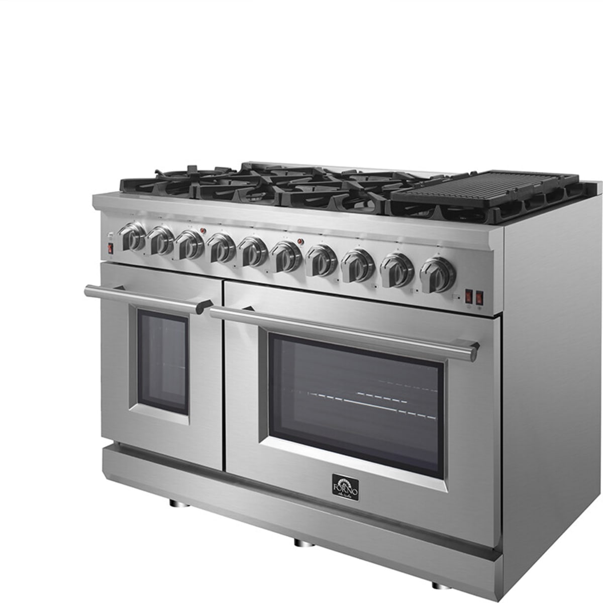 Forno Pro-Style FFSGS623948 48 Inch Freestanding Gas Range with 8 Sealed Burners, Double Oven, 6.58 cu. ft. Total Oven Capacity, Continuous Grates, True European Convection, Illuminated Zinc Cast Knobs, Magic Eyes, Grill, Griddle, and ETL Listed