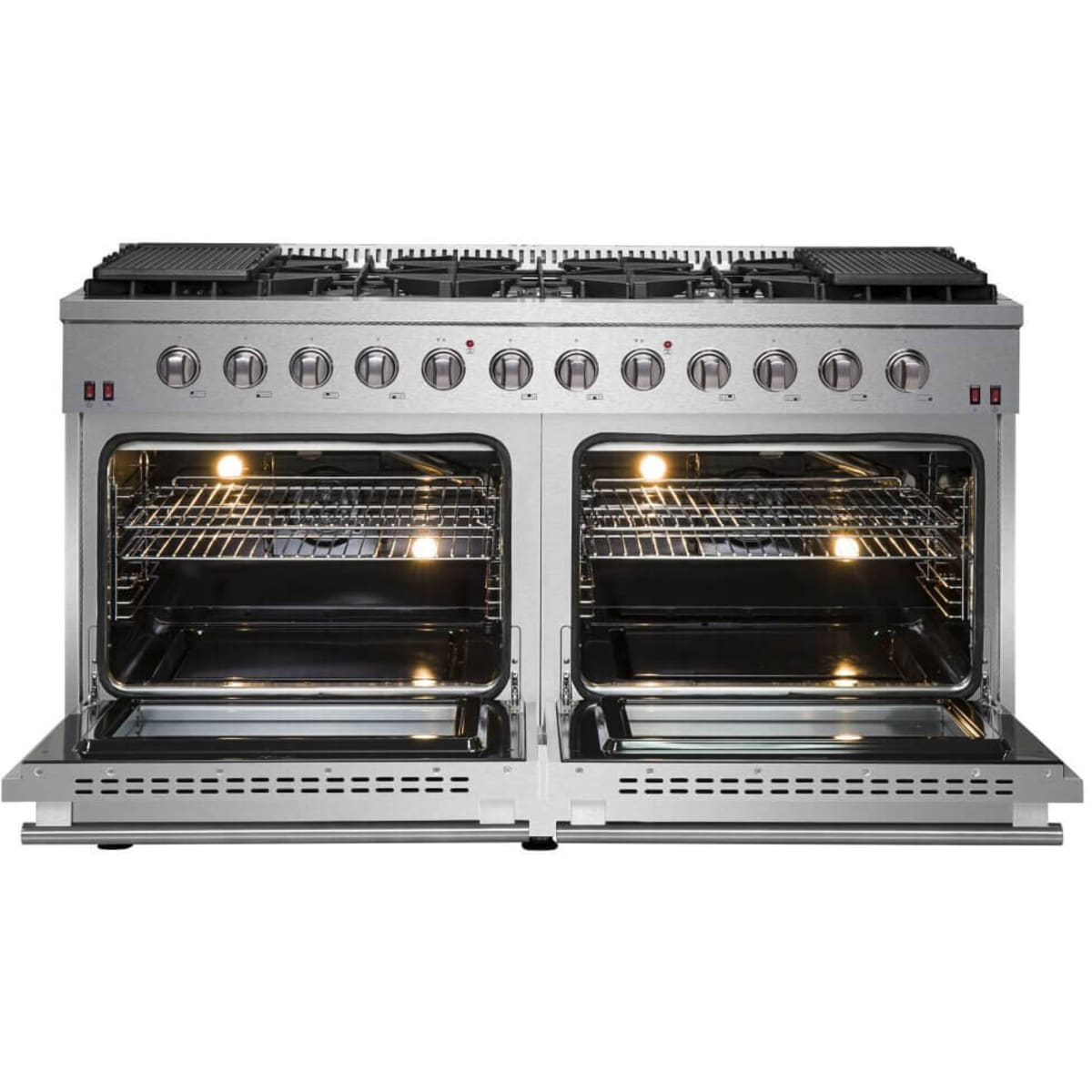 Forno Galiano FFSGS624460 60 Inch Freestanding Gas Range with 10 Sealed Burners, 8.64 cu. ft. Total Capacity, Continuous Cast Iron Grates, Convection Oven, 4 Halogen Lighting, Reversible Cast Iron Griddles and LP Conversion Kit Included