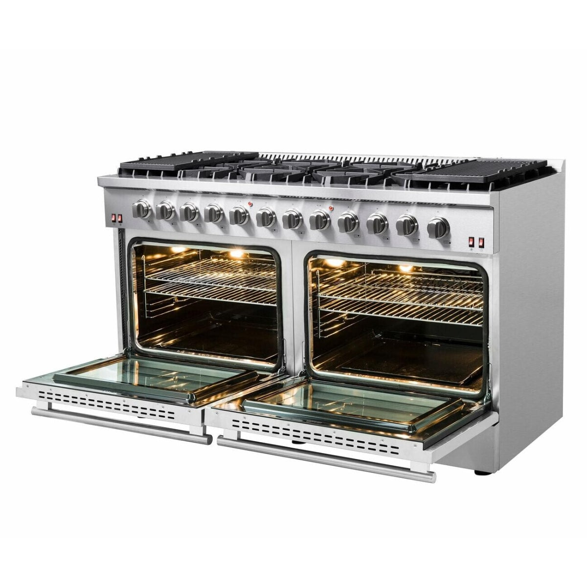Forno Galiano FFSGS624460 60 Inch Freestanding Gas Range with 10 Sealed Burners, 8.64 cu. ft. Total Capacity, Continuous Cast Iron Grates, Convection Oven, 4 Halogen Lighting, Reversible Cast Iron Griddles and LP Conversion Kit Included