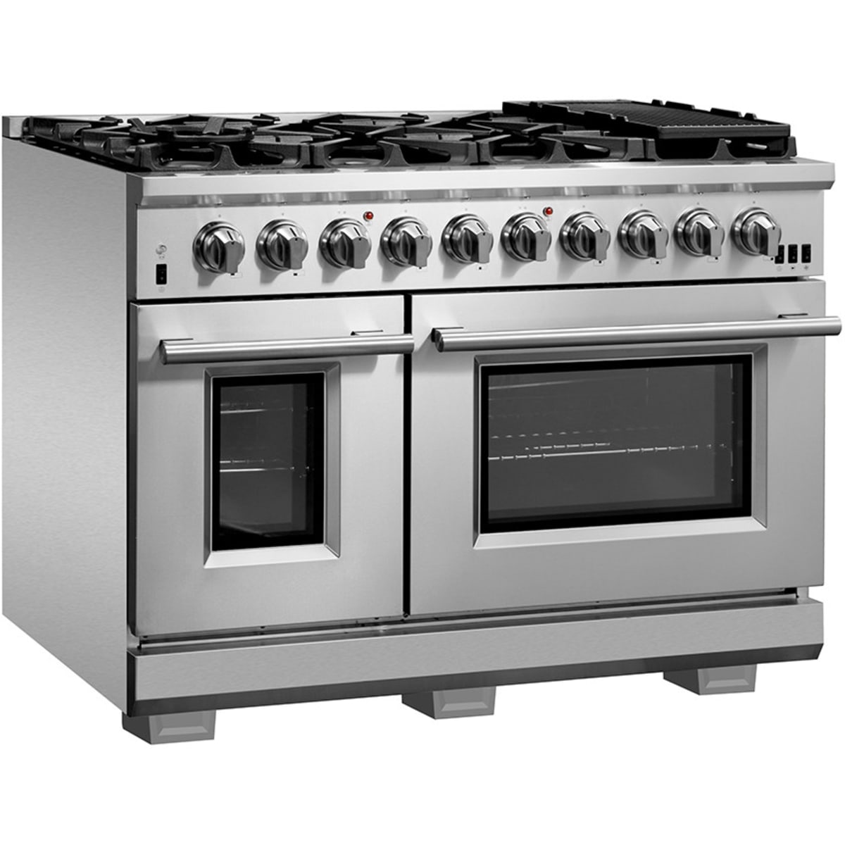 Forno Capriasca FFSGS618748 Freestanding Dual Fuel Range with Convection Oven, Continuous Cast Iron Grates, and Telescopic Oven Racks: 48" Width, 8 Sealed Burners, 6.58 cu. ft. Total Capacity