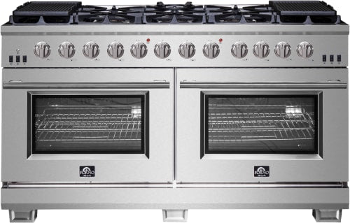 Forno Capriasca FFSGS626060 Freestanding Gas Range with 10 Sealed Burners, 8.64 cu. ft. Total Capacity, Continuous Cast Iron Grates, Insulated Oven Door, Halogen Lighting, Convection Oven and LP Conversion Kit Included