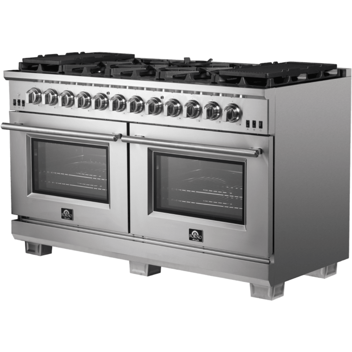 Forno Capriasca FFSGS626060 Freestanding Gas Range with 10 Sealed Burners, 8.64 cu. ft. Total Capacity, Continuous Cast Iron Grates, Insulated Oven Door, Halogen Lighting, Convection Oven and LP Conversion Kit Included