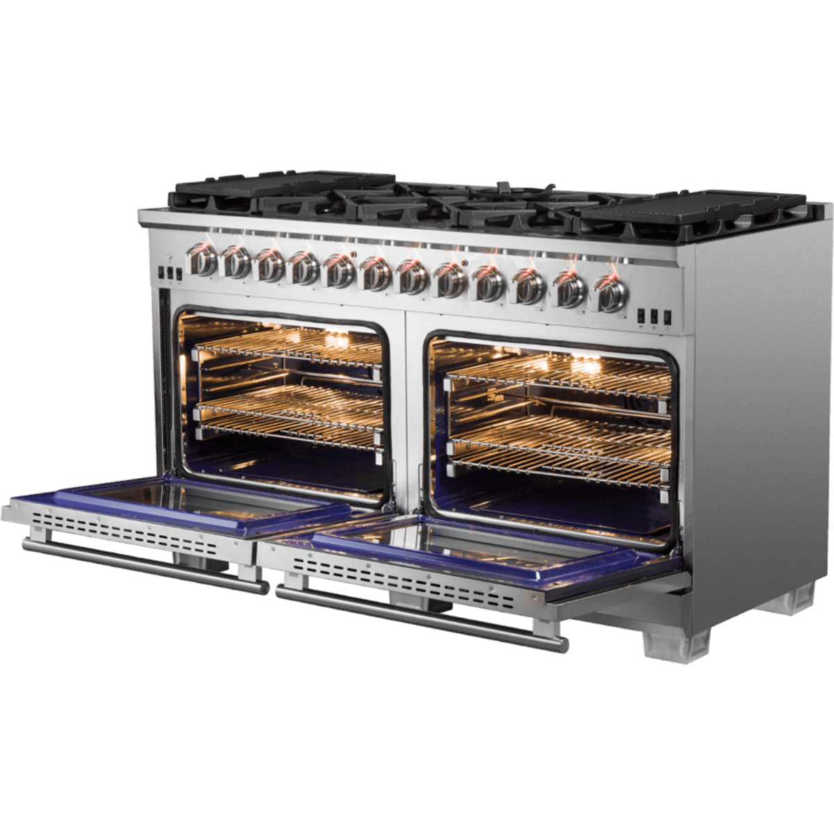 Forno Capriasca FFSGS626060 Freestanding Gas Range with 10 Sealed Burners, 8.64 cu. ft. Total Capacity, Continuous Cast Iron Grates, Insulated Oven Door, Halogen Lighting, Convection Oven and LP Conversion Kit Included