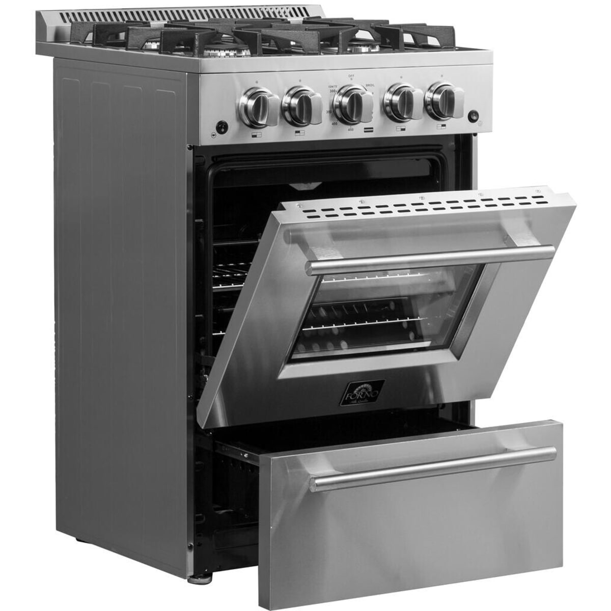 Forno Alta Qualita Breno FFSGS627224 24 Inch Freestanding Pro-Style Gas Range with 4 Sealed Burners, 2.3 cu. ft. Oven Capacity, Storage Drawer, Steam Clean, and 2 Electro-Plated Oven Racks