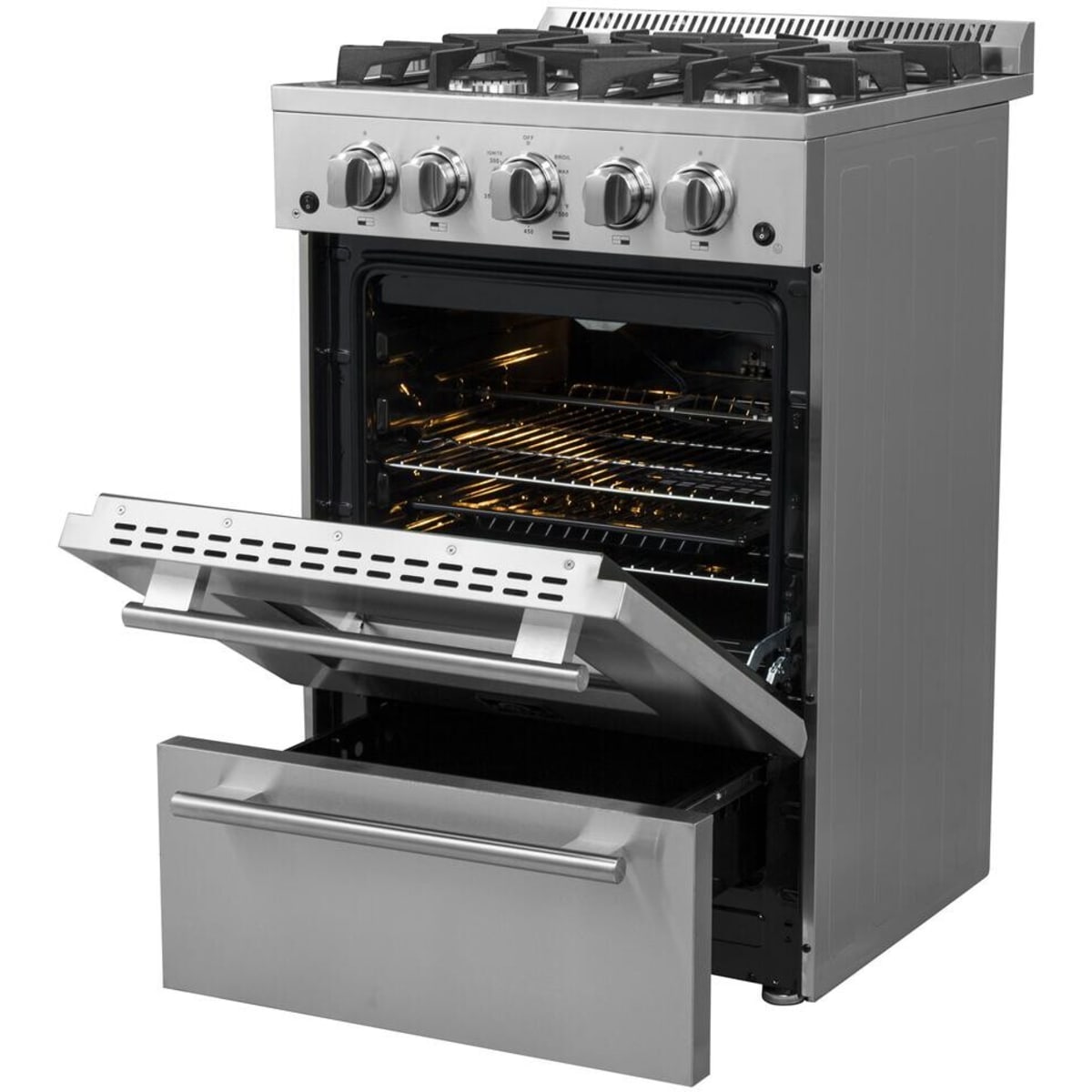 Forno Alta Qualita Breno FFSGS627224 24 Inch Freestanding Pro-Style Gas Range with 4 Sealed Burners, 2.3 cu. ft. Oven Capacity, Storage Drawer, Steam Clean, and 2 Electro-Plated Oven Racks