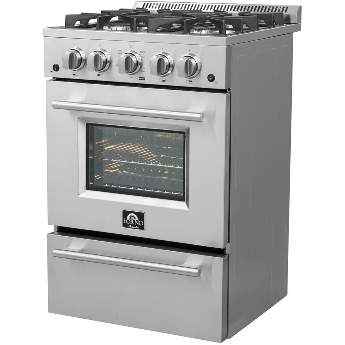 Forno Alta Qualita Breno FFSGS627224 24 Inch Freestanding Pro-Style Gas Range with 4 Sealed Burners, 2.3 cu. ft. Oven Capacity, Storage Drawer, Steam Clean, and 2 Electro-Plated Oven Racks