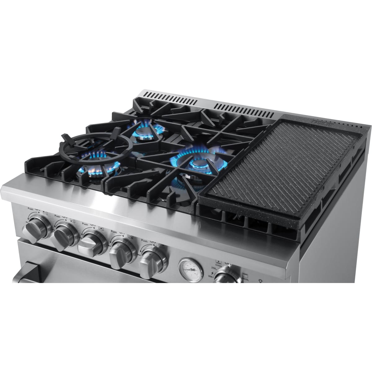 Forno Alta Qualita Lazio FFSGS627630 30 Inch Freestanding Gas Range with 5 Sealed Burners, 4.24 cu. ft. Oven Capacity, Convection Oven, Air Fry, Steam Clean Oven, and Reversible Griddle