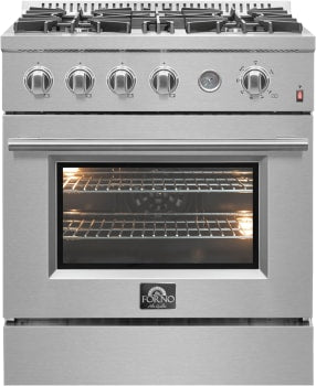 Forno Alta Qualita Marco FFSGS627730 30 Inch Freestanding Gas Range with 4 Sealed Burners, 4.32 cu. ft. Oven Capacity, Continuous Cast Iron Grates, Built-In Temperature Gauge, Black Enamel Cooktop, and LP Kit Included: Stainless Steel