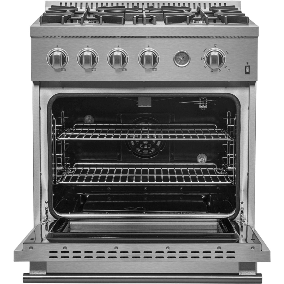 Forno Alta Qualita Marco FFSGS627730 30 Inch Freestanding Gas Range with 4 Sealed Burners, 4.32 cu. ft. Oven Capacity, Continuous Cast Iron Grates, Built-In Temperature Gauge, Black Enamel Cooktop, and LP Kit Included: Stainless Steel