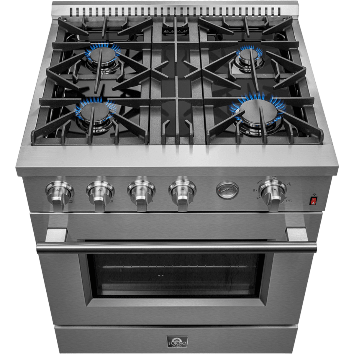 Forno Alta Qualita Marco FFSGS627730 30 Inch Freestanding Gas Range with 4 Sealed Burners, 4.32 cu. ft. Oven Capacity, Continuous Cast Iron Grates, Built-In Temperature Gauge, Black Enamel Cooktop, and LP Kit Included: Stainless Steel