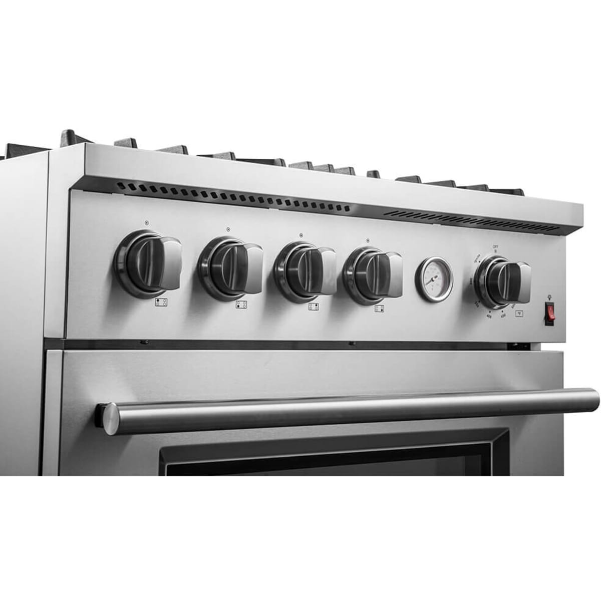 Forno Alta Qualita Marco FFSGS627730 30 Inch Freestanding Gas Range with 4 Sealed Burners, 4.32 cu. ft. Oven Capacity, Continuous Cast Iron Grates, Built-In Temperature Gauge, Black Enamel Cooktop, and LP Kit Included: Stainless Steel