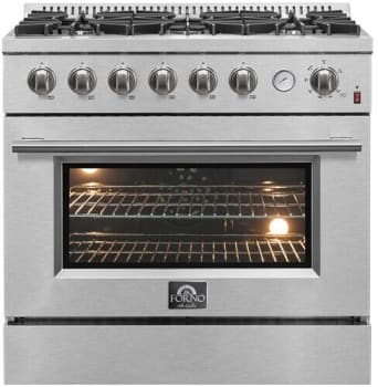 Forno Alta Qualita Marco FFSGS627736 36 Inch Freestanding Gas Range with 6 Sealed Burners, 5.36 cu. ft. Oven Capacity, Continuous Cast Iron Grates, Black Enamel Cooktop, Built-In Temperature Gauge, and LP Kit Included: Stainless Steel