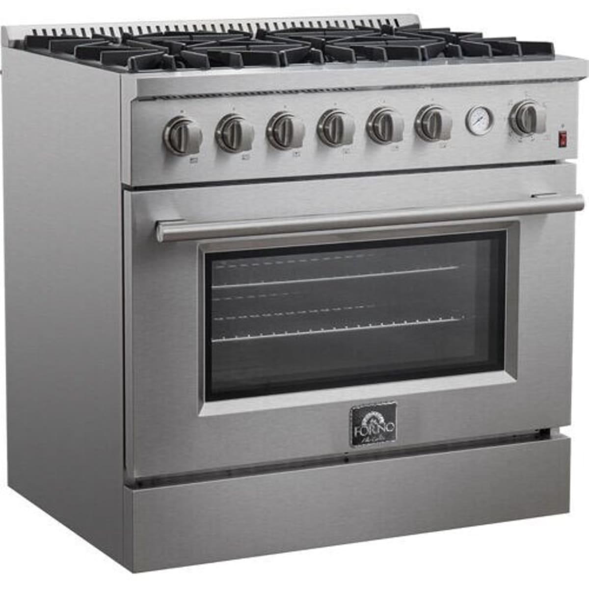 Forno Alta Qualita Marco FFSGS627736 36 Inch Freestanding Gas Range with 6 Sealed Burners, 5.36 cu. ft. Oven Capacity, Continuous Cast Iron Grates, Black Enamel Cooktop, Built-In Temperature Gauge, and LP Kit Included: Stainless Steel