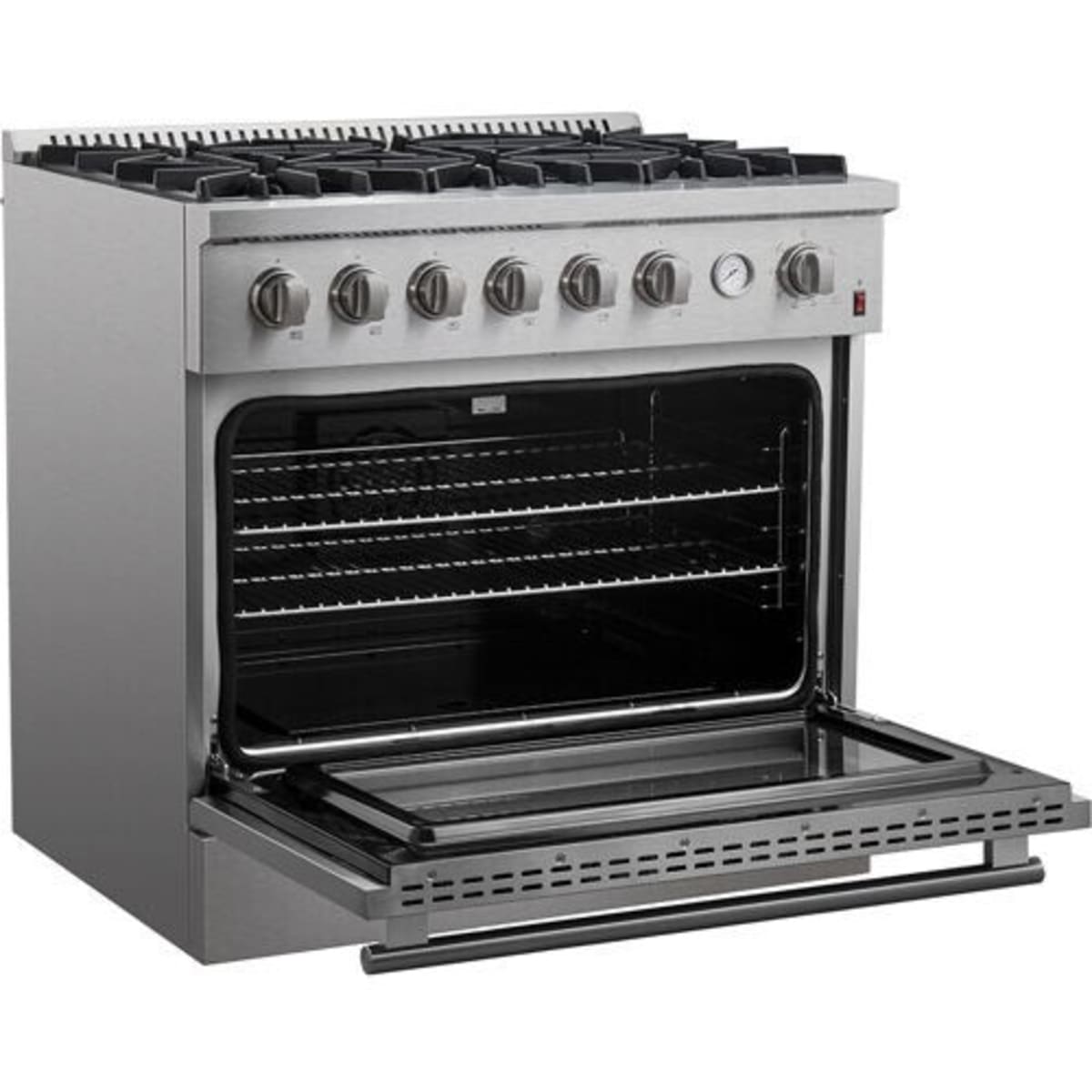 Forno Alta Qualita Marco FFSGS627736 36 Inch Freestanding Gas Range with 6 Sealed Burners, 5.36 cu. ft. Oven Capacity, Continuous Cast Iron Grates, Black Enamel Cooktop, Built-In Temperature Gauge, and LP Kit Included: Stainless Steel