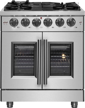 Forno Massimo FFSGS632530 30 Inch Freestanding French Door Dual Fuel Range with 5 Sealed Burners, 4.32 cu. ft. Oven Capacity, Continuous Grates, Steam Clean, and Convection Oven