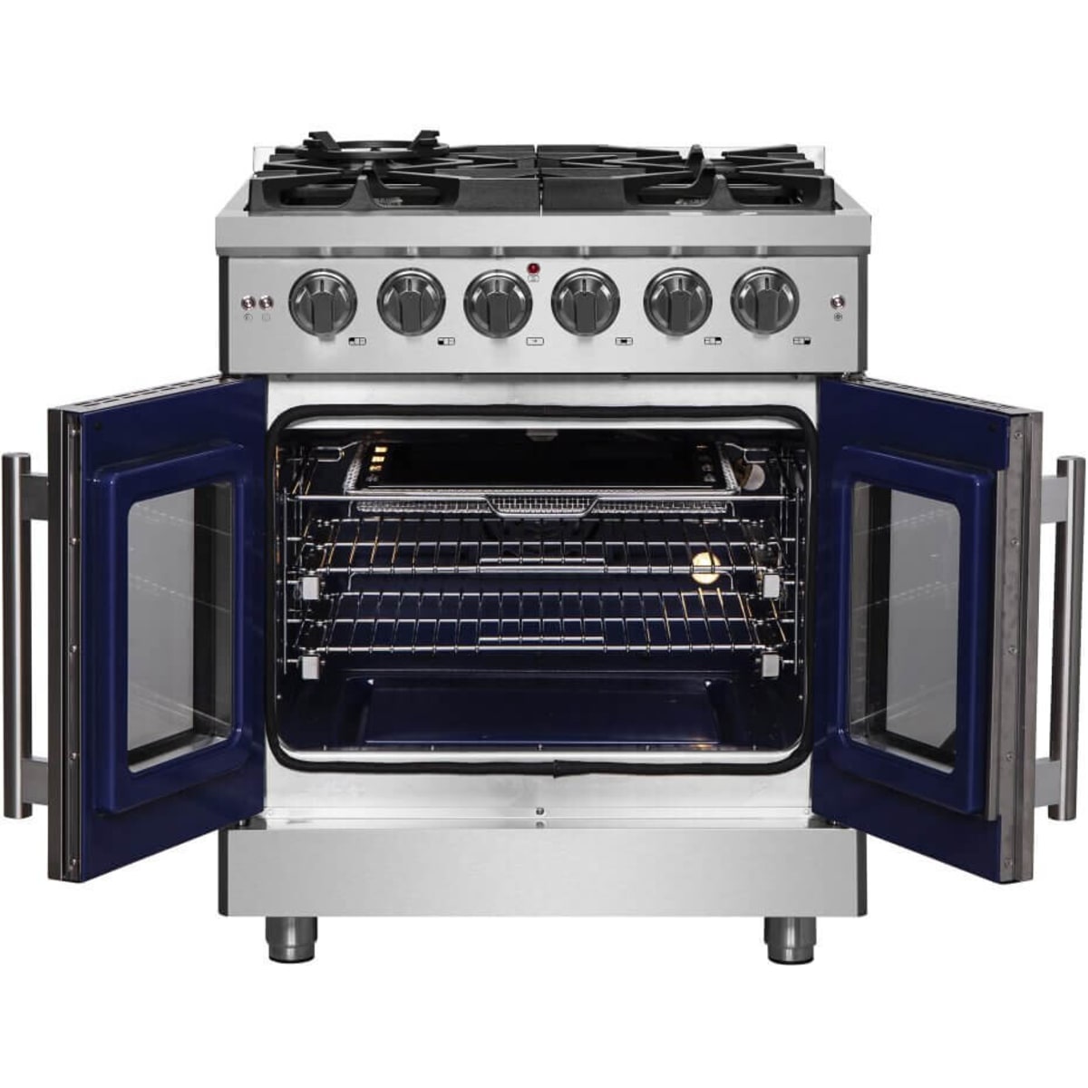 Forno Massimo FFSGS632530 30 Inch Freestanding French Door Dual Fuel Range with 5 Sealed Burners, 4.32 cu. ft. Oven Capacity, Continuous Grates, Steam Clean, and Convection Oven