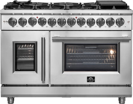 Forno Massimo FFSGS632548 48 Inch Freestanding Dual Fuel Range with 8 Sealed Burners, Double Oven, 6.58 cu. ft. Total Capacity, Continuous Grates, and Reversible Grill/Griddle