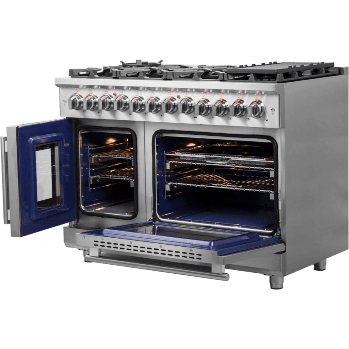 Forno Massimo FFSGS632548 48 Inch Freestanding Dual Fuel Range with 8 Sealed Burners, Double Oven, 6.58 cu. ft. Total Capacity, Continuous Grates, and Reversible Grill/Griddle