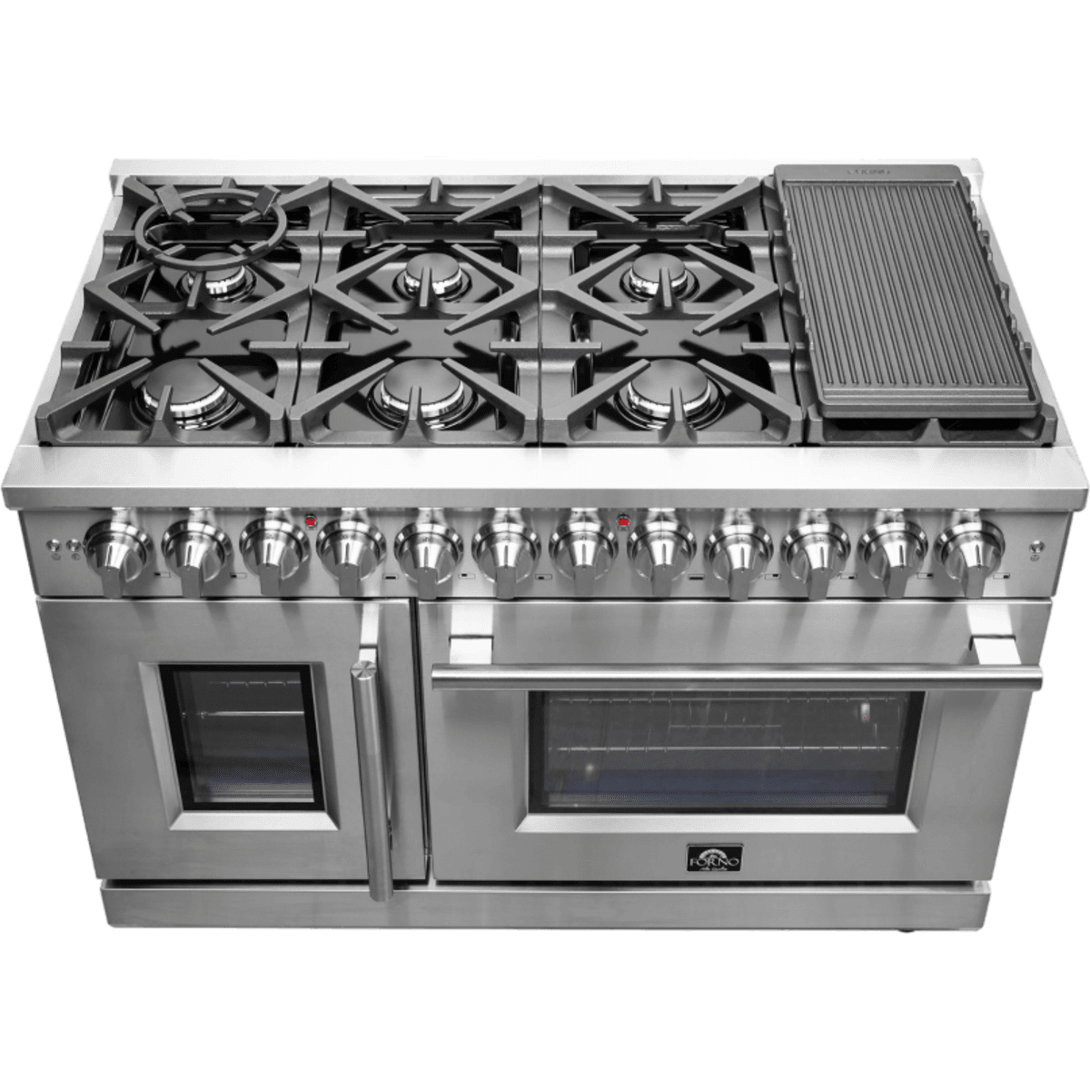 Forno Massimo FFSGS632548 48 Inch Freestanding Dual Fuel Range with 8 Sealed Burners, Double Oven, 6.58 cu. ft. Total Capacity, Continuous Grates, and Reversible Grill/Griddle