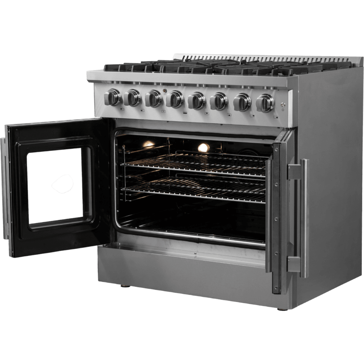 Forno Galiano FFSGS635636 Freestanding French Door Dual Fuel Range with Convection Oven, Continuous Grates, and Insulated Oven Door: 36" Width, 6 Sealed Burners, 5.36 cu. ft. Capacity