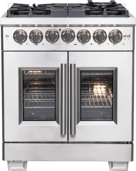 Forno Capriasca FFSGS638730 Freestanding French Door Dual Fuel Range with Air Fry, Steam Clean Oven, Convection Oven, and Grill/Griddle: 30" Width, 5 Sealed Burners, 4.32 cu. ft. Capacity
