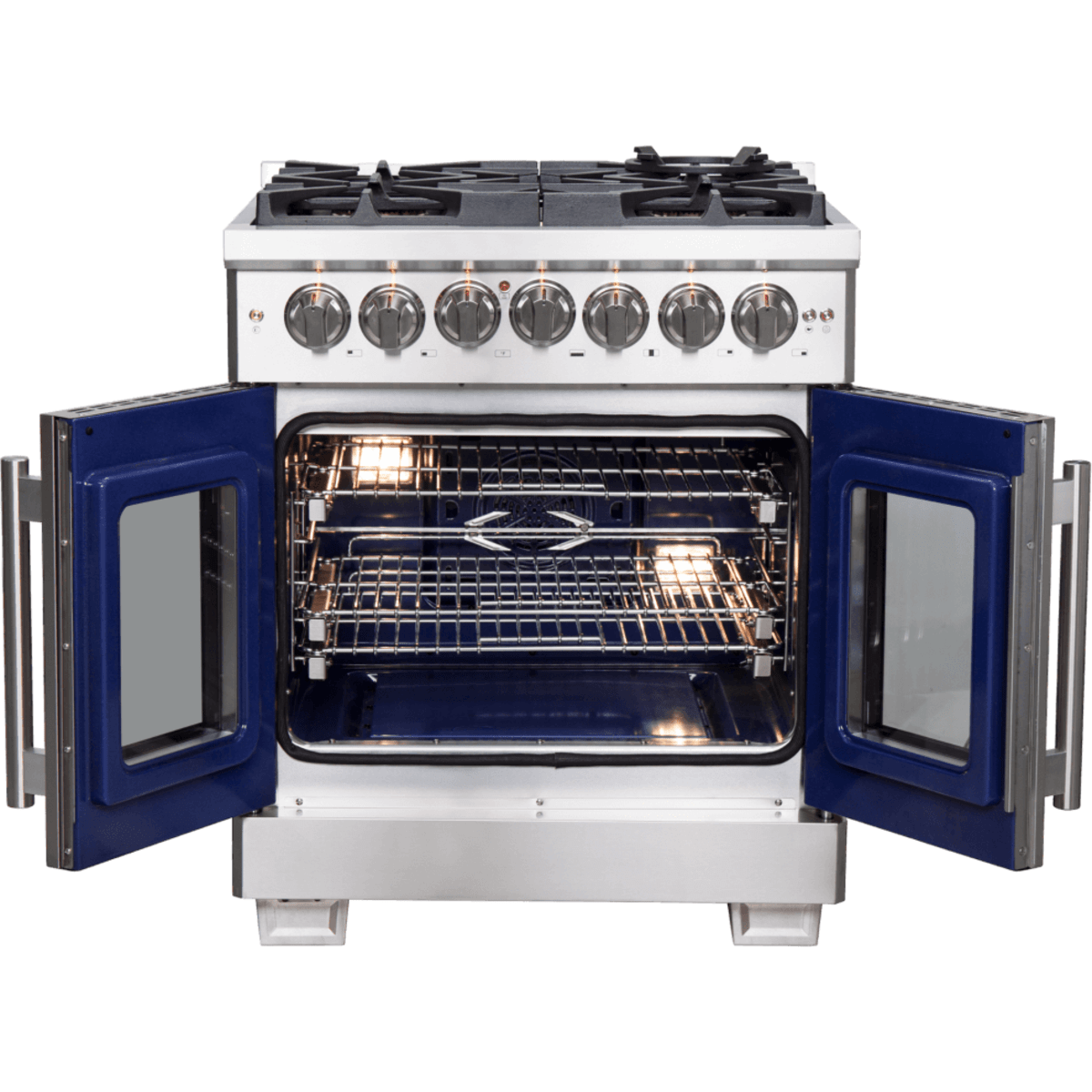 Forno Capriasca FFSGS638730 Freestanding French Door Dual Fuel Range with Air Fry, Steam Clean Oven, Convection Oven, and Grill/Griddle: 30" Width, 5 Sealed Burners, 4.32 cu. ft. Capacity