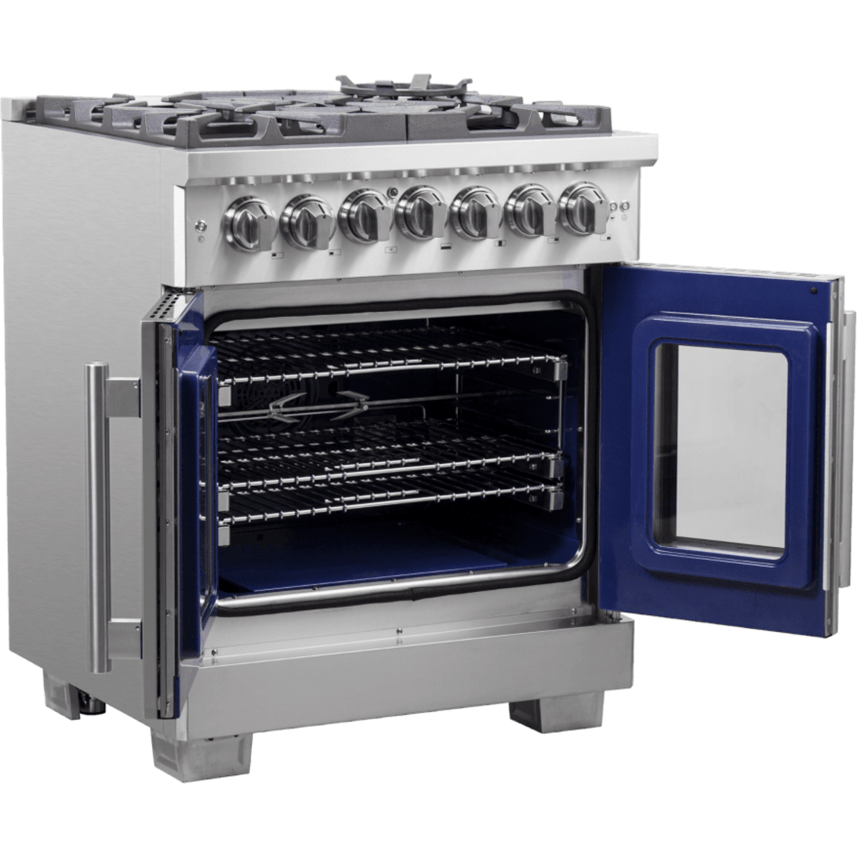 Forno Capriasca FFSGS638730 Freestanding French Door Dual Fuel Range with Air Fry, Steam Clean Oven, Convection Oven, and Grill/Griddle: 30" Width, 5 Sealed Burners, 4.32 cu. ft. Capacity
