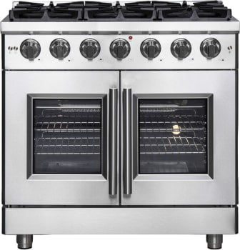 Forno Massimo FFSGS643936 Freestanding French Door Gas Range with Air Fry, Steam Clean Oven, and Illuminated Metal Knobs: 36" Width, 6 Sealed Burners, 5.36 cu. ft. Capacity