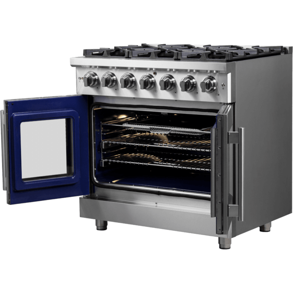 Forno Massimo FFSGS643936 Freestanding French Door Gas Range with Air Fry, Steam Clean Oven, and Illuminated Metal Knobs: 36" Width, 6 Sealed Burners, 5.36 cu. ft. Capacity