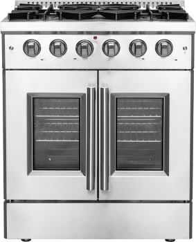 Forno Galiano FFSGS644430 30 Inch Freestanding French Door Gas Range with 5 Sealed Burners, 4.32 cu. ft. Oven Capacity, Continuous Cast Iron Grates, and LP Convertible Kit Included: Stainless Steel
