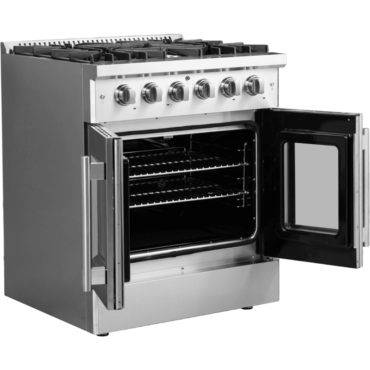 Forno Galiano FFSGS644430 30 Inch Freestanding French Door Gas Range with 5 Sealed Burners, 4.32 cu. ft. Oven Capacity, Continuous Cast Iron Grates, and LP Convertible Kit Included: Stainless Steel