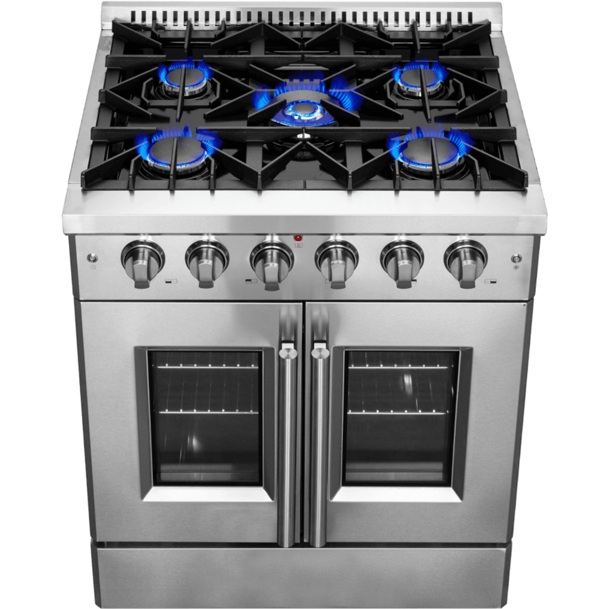 Forno Galiano FFSGS644430 30 Inch Freestanding French Door Gas Range with 5 Sealed Burners, 4.32 cu. ft. Oven Capacity, Continuous Cast Iron Grates, and LP Convertible Kit Included: Stainless Steel