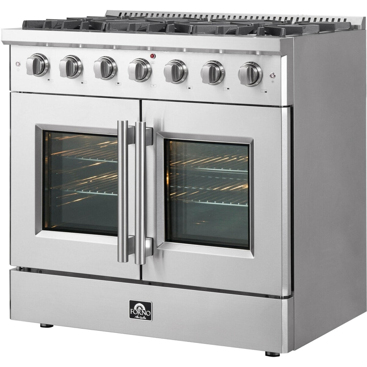 Forno Galiano FFSGS644436 36 Inch Freestanding French Door Gas Range with 6 Sealed Burners, 5.36 cu. ft. Oven Capacity, Continuous Cast Iron Grates, and LP Convertible Kit Included: Stainless Steel