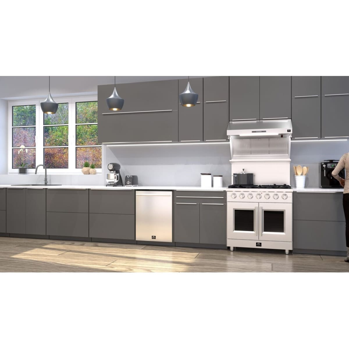 Forno Galiano FFSGS644436 36 Inch Freestanding French Door Gas Range with 6 Sealed Burners, 5.36 cu. ft. Oven Capacity, Continuous Cast Iron Grates, and LP Convertible Kit Included: Stainless Steel