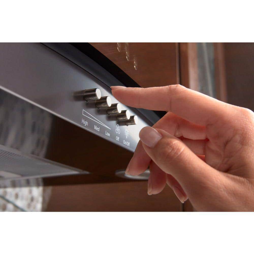 Whirlpool WVW51UC0HV black stainless glass wall range hood detail