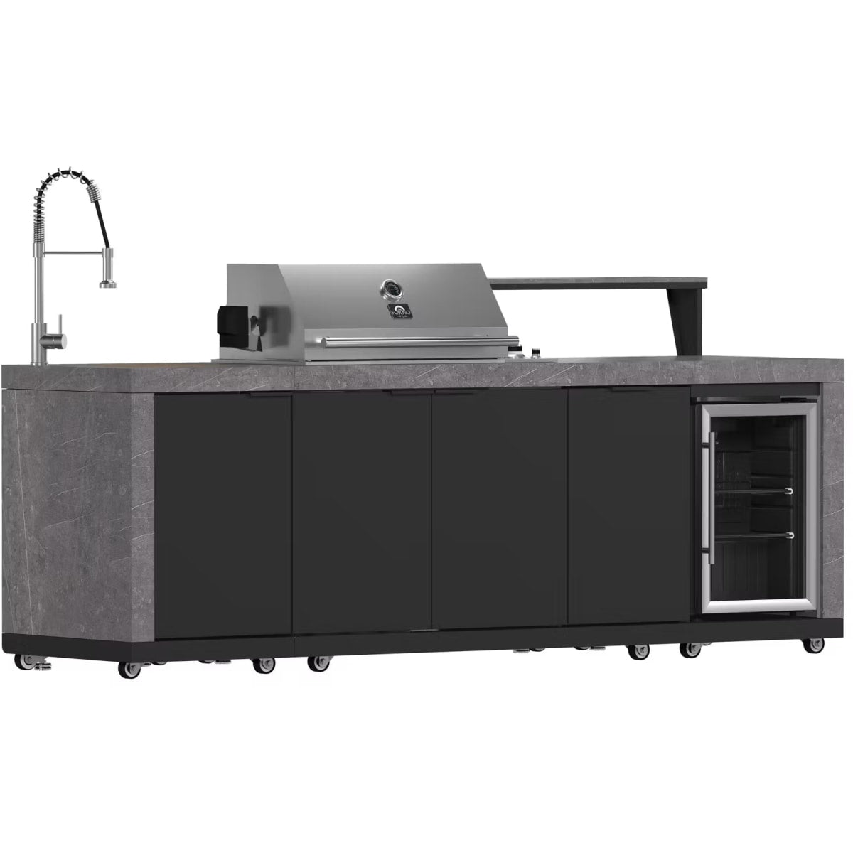 Forno FODKT2544BLK Rimini 30 Inch Outdoor Kitchen with 62,600 BTU BBQ Grill, 3 Burners with Sear & Rotisserie, 2.4 cu.ft. Beverage Center, Stainless Steel Sink and Gray Sintered Stone Countertop