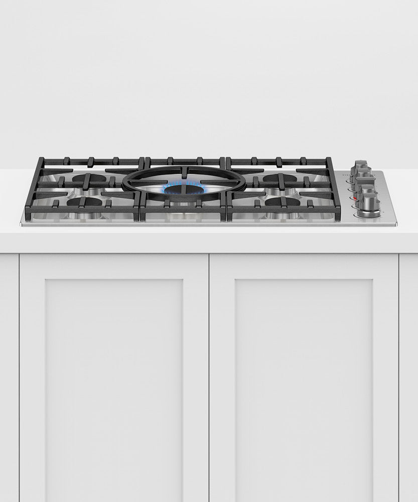 Fisher & Paykel CDV3-365H-N 36-inch Series 9 5 Burner Gas Cooktop - Installed Kitchen View