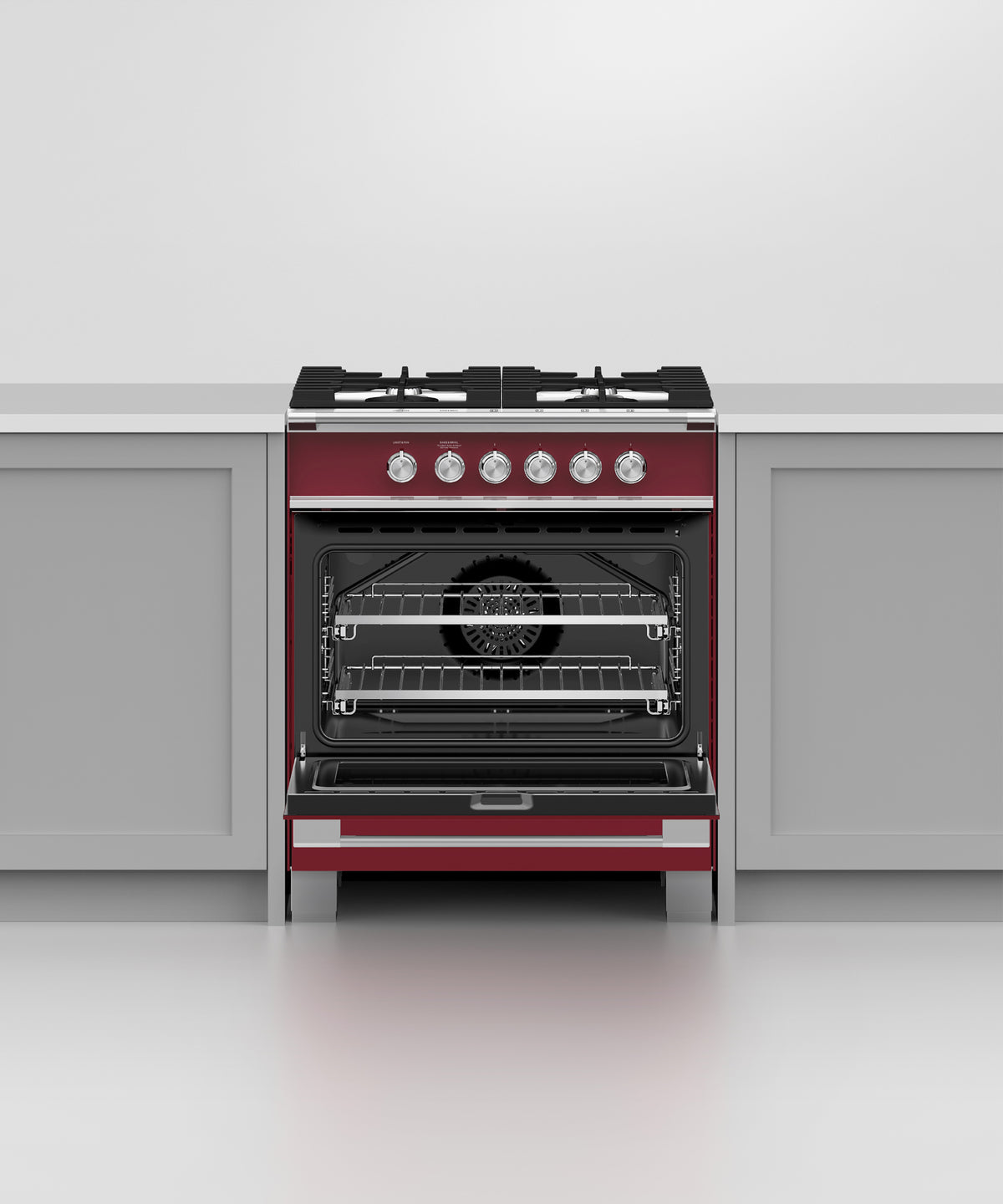 Fisher & Paykel OR30SCG4R1 range in kitchen with cookware