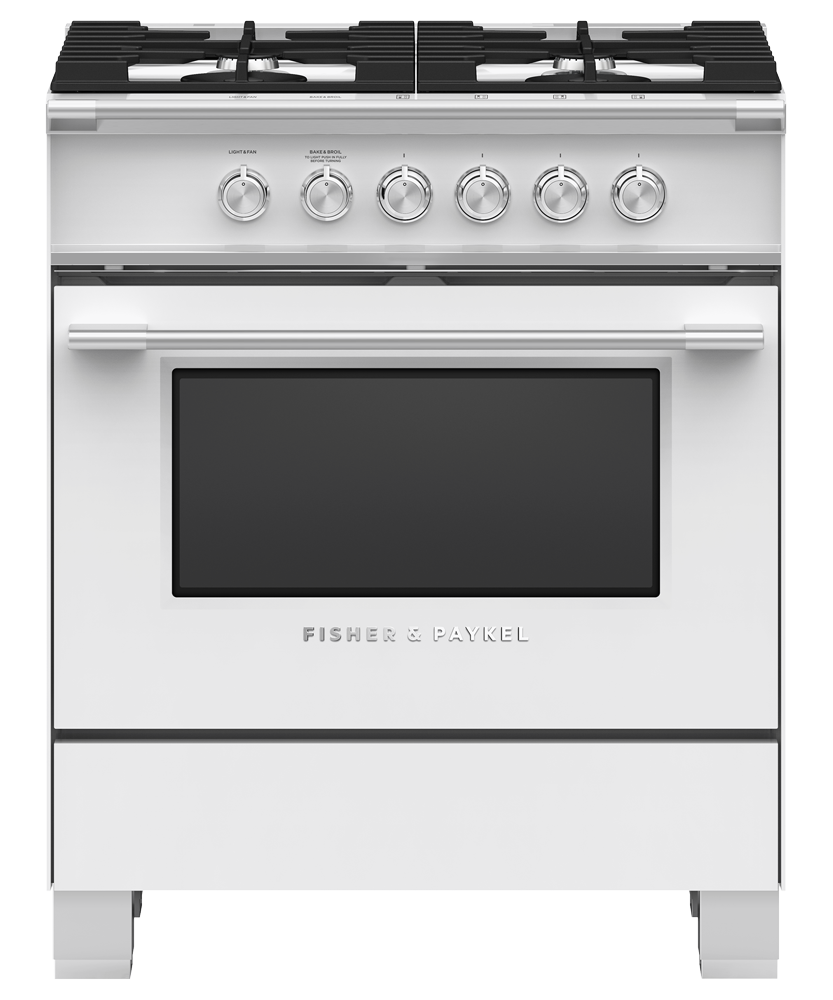 Fisher & Paykel OR30SCG4W1 30 inch Classic Gas Range in white - front studio view