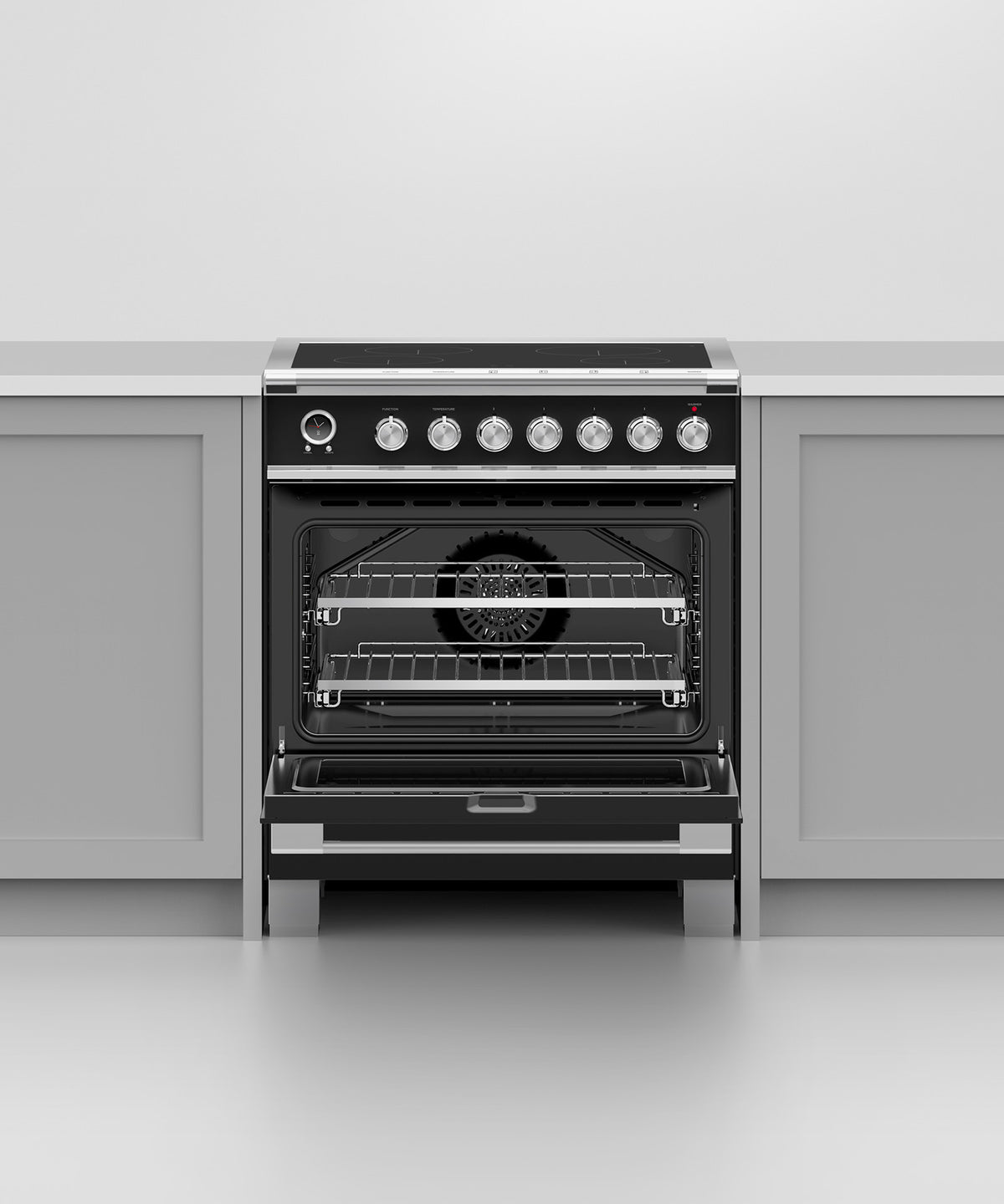 Fisher & Paykel OR30SCI6B1 range in kitchen with cookware