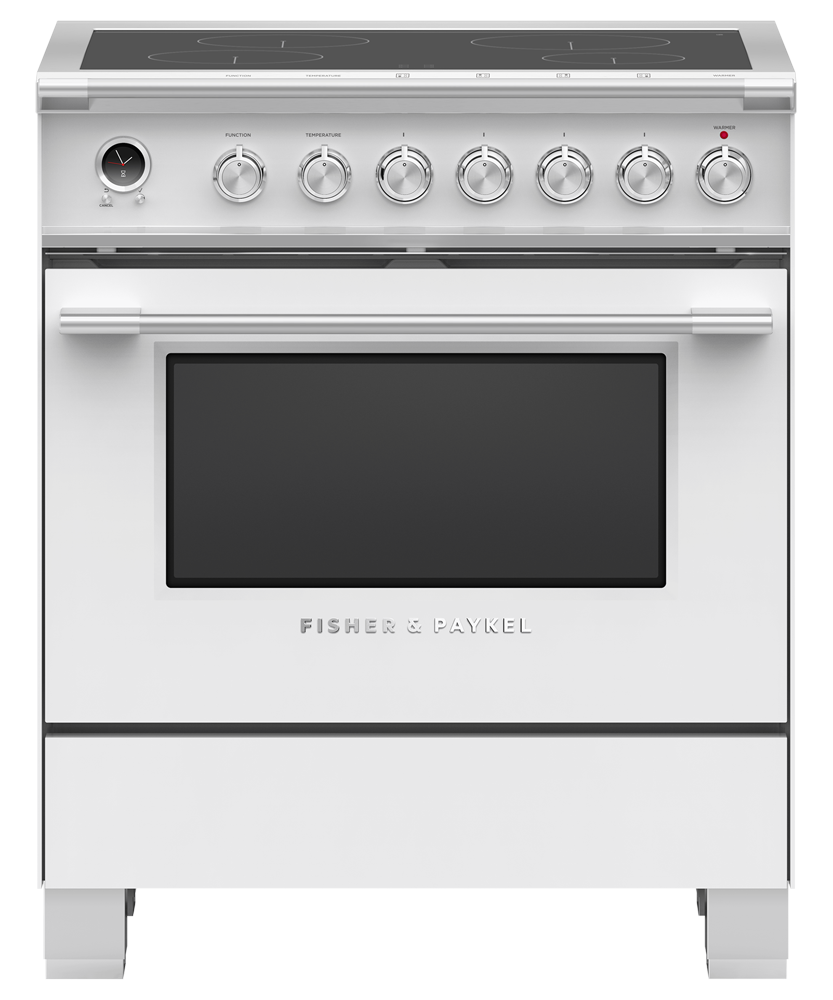 Fisher & Paykel OR30SCI6W1 30 inch Classic Induction Range in white - front studio view
