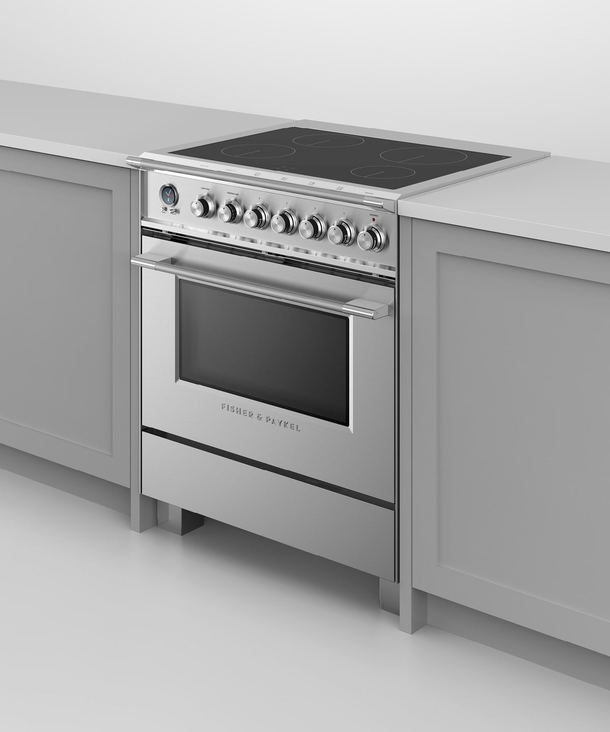 Fisher & Paykel OR30SCI6X1 range in kitchen, cooktop detail