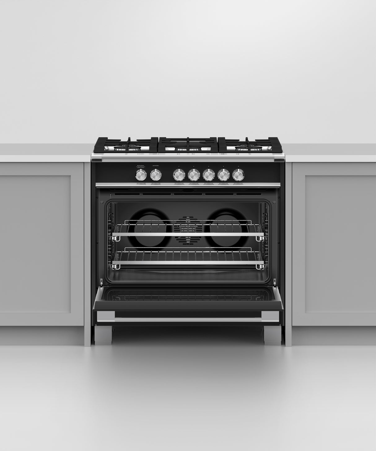 Fisher & Paykel OR36SCG4B1 range in kitchen with cookware