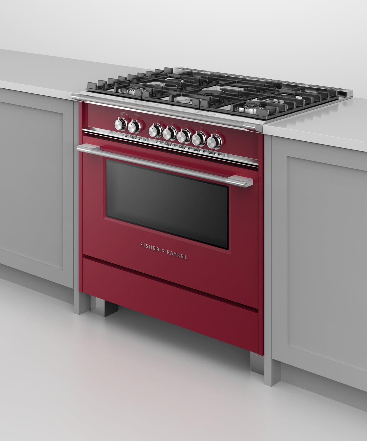 Fisher & Paykel OR36SCG4R1 range in kitchen, cooktop detail