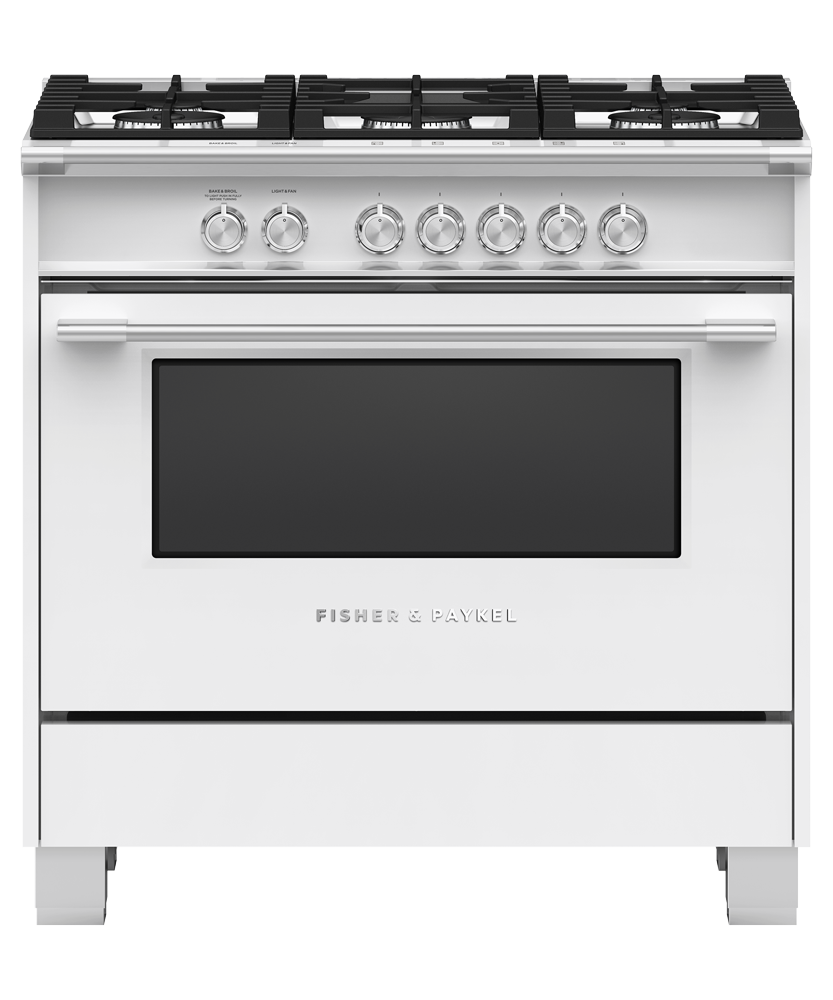 Fisher & Paykel OR36SCG4W1 36 inch Classic Gas Range in white - front studio view