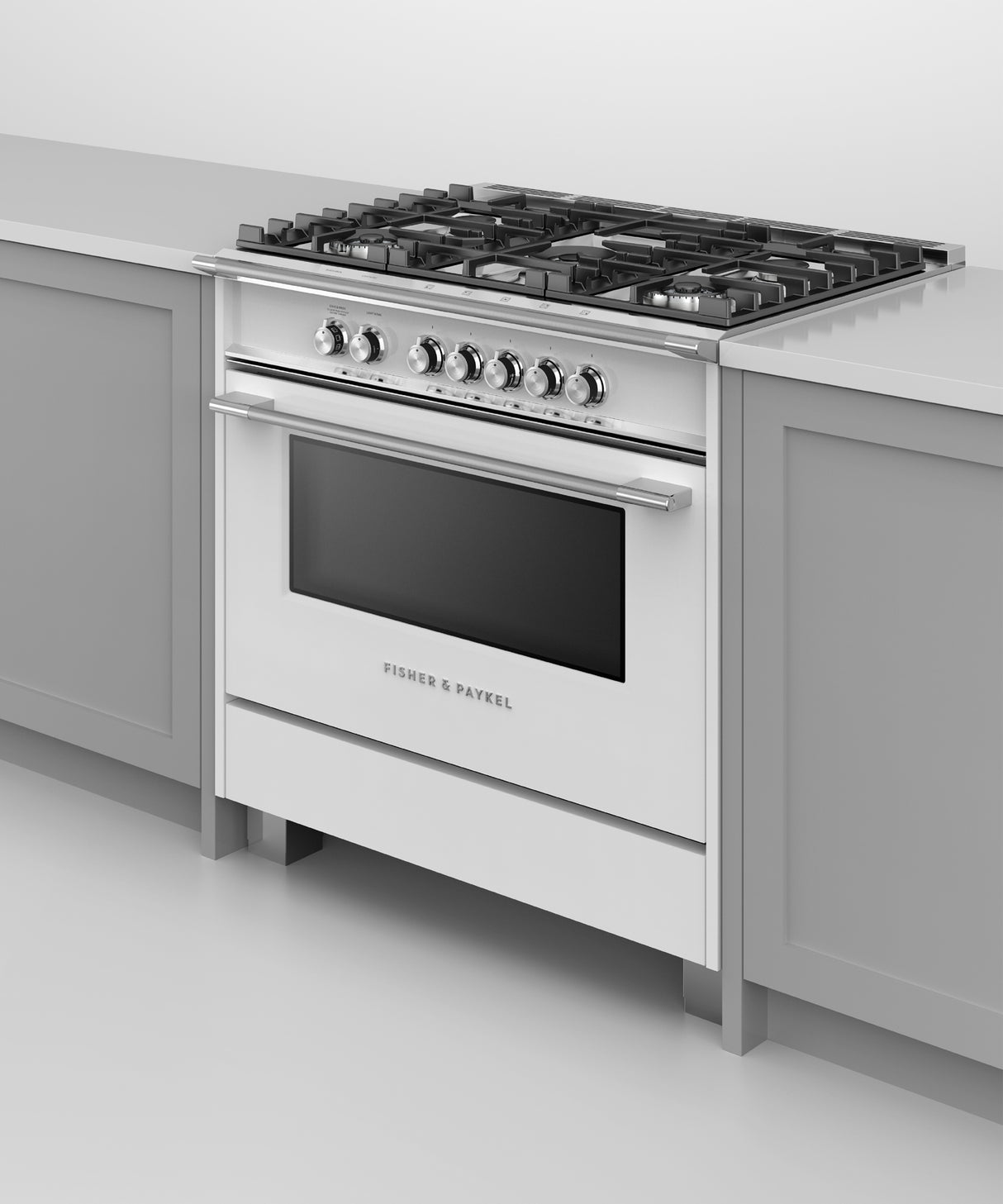 Fisher & Paykel OR36SCG4W1 range in kitchen, cooktop detail