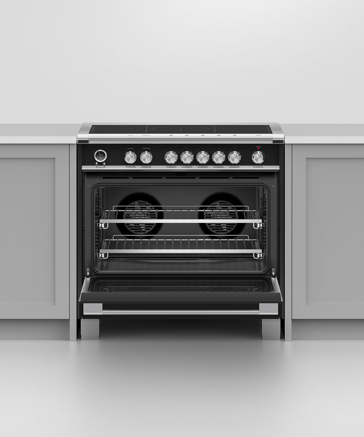 Fisher & Paykel OR36SCI6B1 range in kitchen with cookware